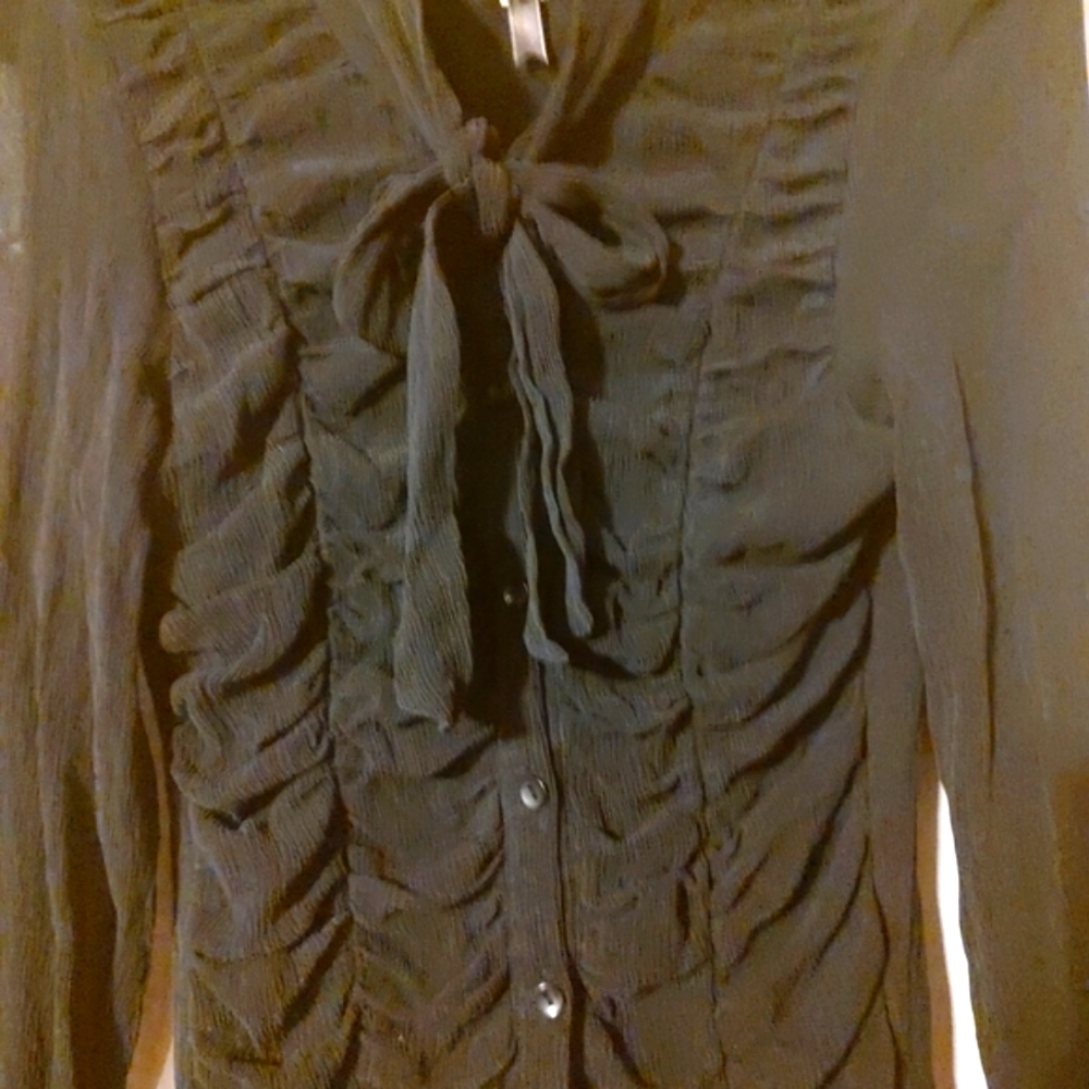 🐦⬛🖤🐦⬛ Divine Vintage Genuine Silk Black Sheer Ruffled Bow Blouse Top - 12 - Picture 4 of 16